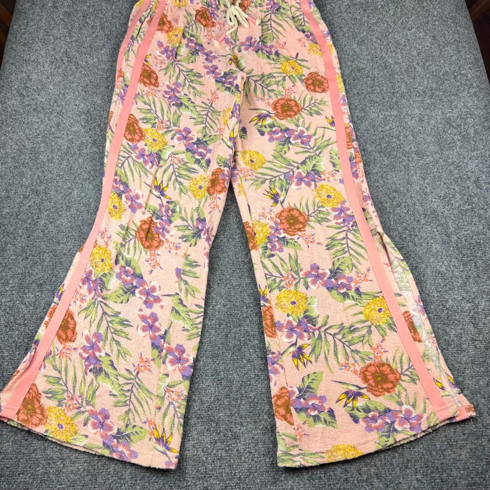 Vanilla Star Floral Wide Leg Lounge Pants‎ Peach Terry Side Stripe Large